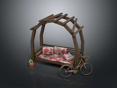 Wooden Arch Bench Structure With Floral Cushions Bicycle And Potted Plants 3d model