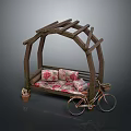 Wooden Arch Bench Structure With Floral Cushions Bicycle And Potted Plants