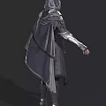 Woman In Black Armor Costume With Long Cloak Metallic Details And Tall Boots