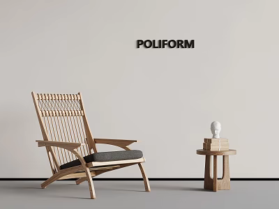 POLIFORM Modern Lounge Furniture With Wooden Chair Gray Cushion Side Table White Statue And Books 3d model