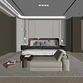 Modern Bedroom Interior With Upholstered Headboard Bedside Lamps And Patterned Area Rug
