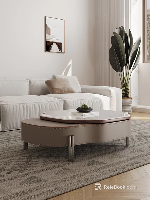 Modern White Sofa and Coffee Table Set With Throw Pillows Large Leaf Plant and Rug 3d model 