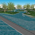 Modern Garden Landscape Design With Illuminated Terraced Steps Green Lawns And Trees