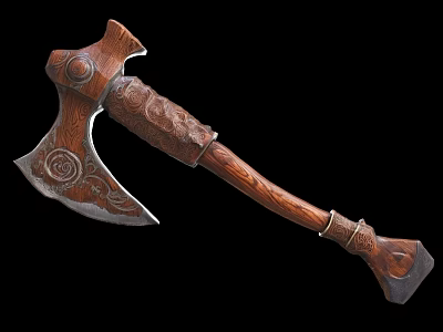 Traditional Handcrafted Axe With Intricately Carved Wooden Handle And Decorative Metal Blade 3d model