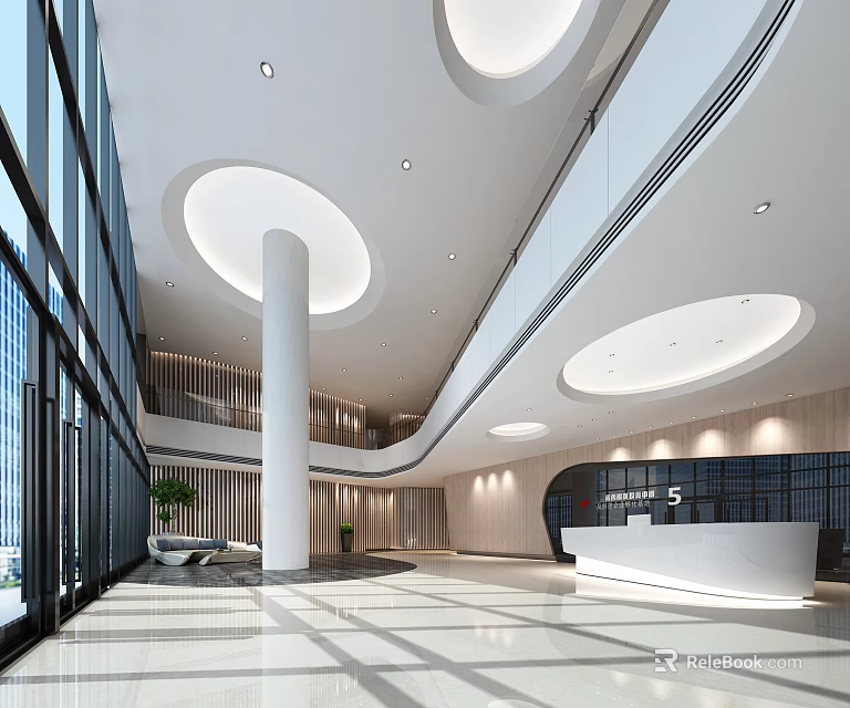 Modern Office Lobby Front Desk Reception With Circular Ceiling Lights Glass Windows And White Columns 3d model 