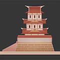 Traditional Multi Tiered Architectural Model With Red Roofs Stone Base And Steps