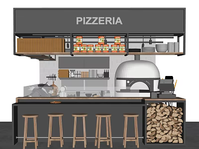 Modern Pizzeria Bar Counter With Wood Fired Oven Wooden Stools And Wood Logs 3d model