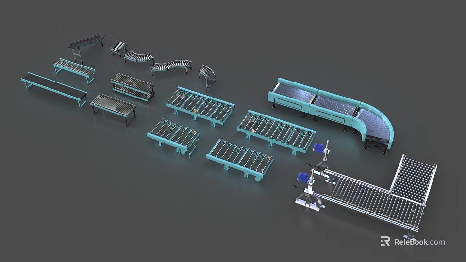 Different Types Of Industrial Conveyor Equipment With Straight And Curved Sections For Material Handling 3d model 