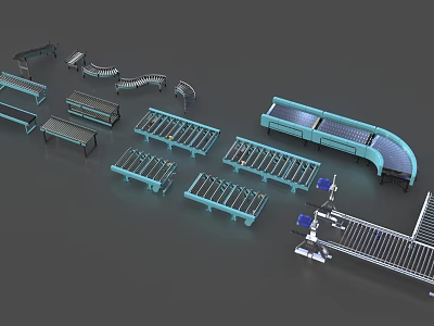 Different Types Of Industrial Conveyor Equipment With Straight And Curved Sections For Material Handling 3d model