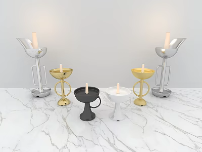 Modern Stylish Candle Lamps In Silver Gold Black White On Marble Tabletop 3d model