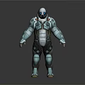 Sci Fi Game Movie Characters in Teal Mechanical Armor Featuring Glowing Green Eyes Circular Details