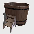 Wooden Barrel With Metal Hoops And Small Wooden Step Ladder