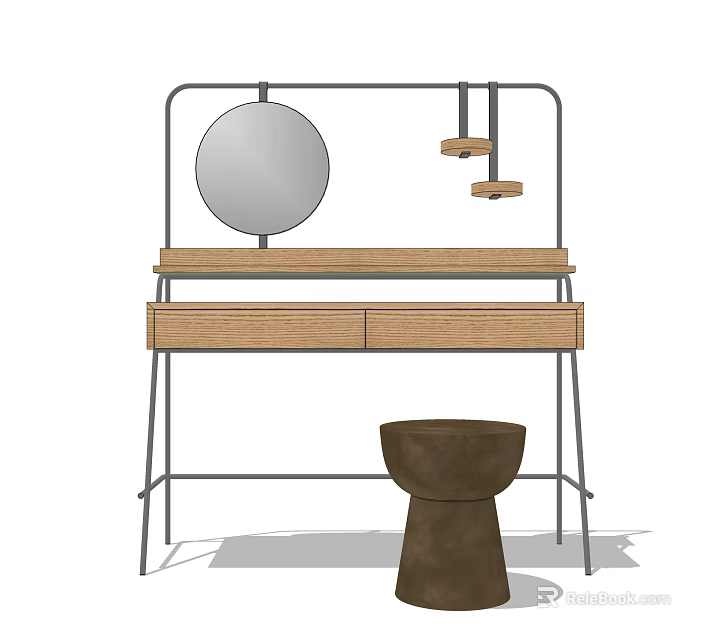 Modern Dressing Table with Wooden Top Drawers Metal Frame Round Mirror Wooden Shelves and Stool 3d model 