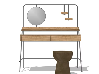 Modern Dressing Table with Wooden Top Drawers Metal Frame Round Mirror Wooden Shelves and Stool 3d model