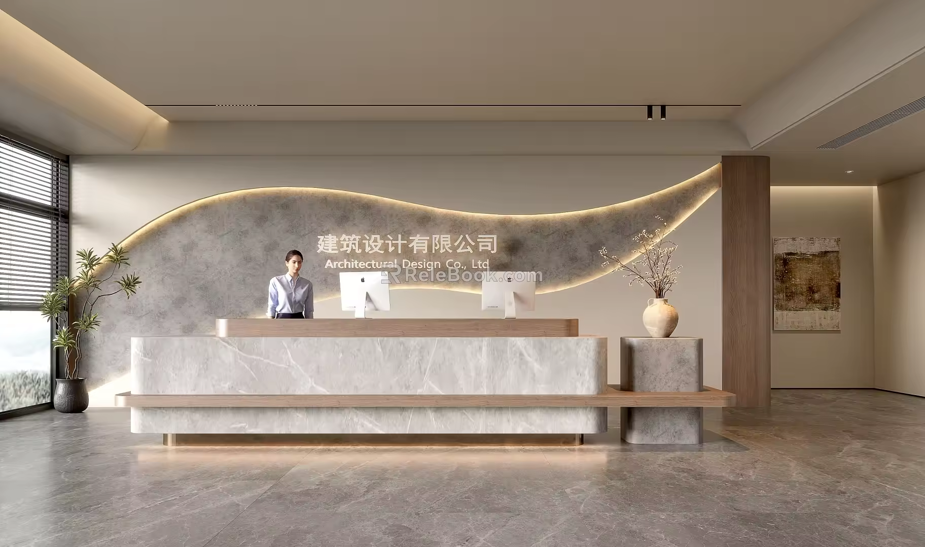 Company Front Desk Background Wall Reception Area Bar Desk Reception Desk Lobby Simple Lobby 3d model
