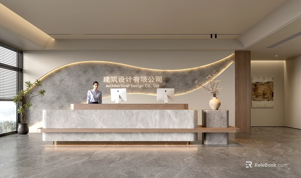 Modern Architectural Design Office Reception Desk With Marble Surface Staff Computers And Curved Lighting Backdrop 3d model 