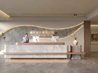 Modern Architectural Design Office Reception Desk With Marble Surface Staff Computers And Curved Lighting Backdrop 3d model