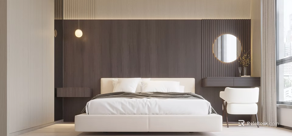 Modern Bedroom Interior With White Bed Wooden Wall Round Mirror And Bedside Lamp 3d model 