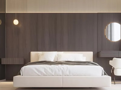 Modern Bedroom Interior With White Bed Wooden Wall Round Mirror And Bedside Lamp 3d model