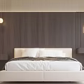 Modern Bedroom Interior With White Bed Wooden Wall Round Mirror And Bedside Lamp