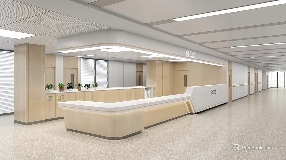 Modern Hospital Outpatient Reception Area With Wooden Decor And Plants 3d model 