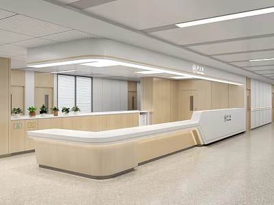 Modern Hospital Outpatient Reception Area With Wooden Decor And Plants 3d model