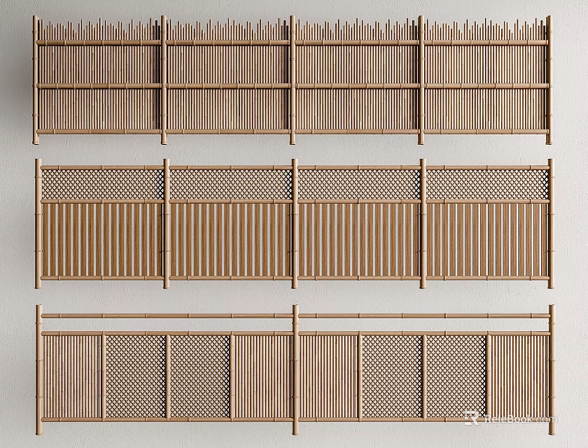 Traditional Wooden Fences Featuring Various Lattice Patterns And Panel Structures 3d model 