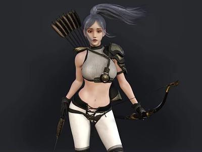 Silver Gray Haired Woman In Armor Holding Bow With Arrow Quiver And Leather Pants 3d model