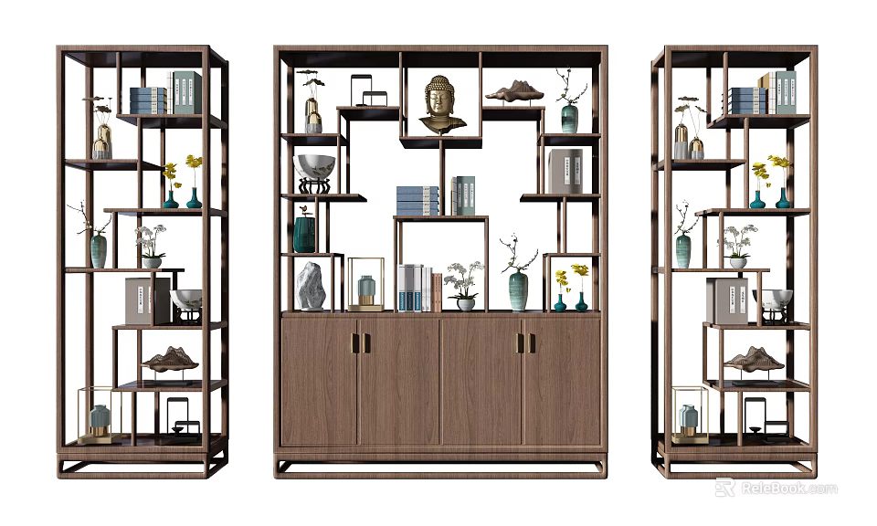 Traditional Chinese Wooden Curio Cabinets with Open Shelves Closed Cabinets Decorative Vases Figurines and Books 3d model 
