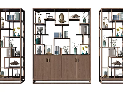 Traditional Chinese Wooden Curio Cabinets with Open Shelves Closed Cabinets Decorative Vases Figurines and Books 3d model