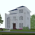 Two Story Detached Villa With White Exterior Blue Roof Arched Windows Lawn And Purple Flowers