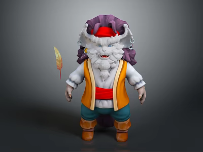Cartoon Game Character With Purple Hair Red Bandana White Beard Orange Vest And Brown Boots 3d model