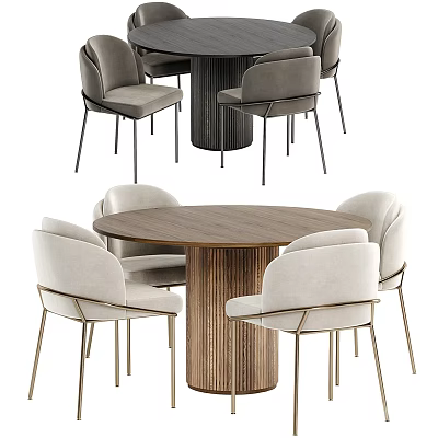 Modern Dining Table Set With Round Wooden Tabletop And Beige Upholstered Metal Leg Chairs 3d model