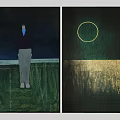 Two Panel Decorative Wall Art With Standing Figure Green Field And Gold Circle