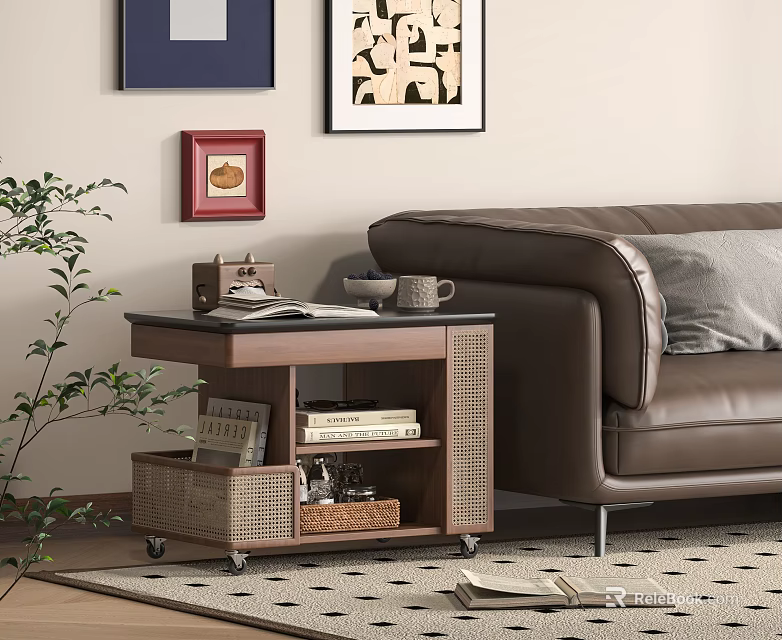 Stylish Modern Living Room Side Table With Storage Shelves Wheels Books Cup And Plant 3d model 