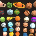 Various Colorful Planets and Celestial Models Collection with Meteoroids Different Shapes and Colors