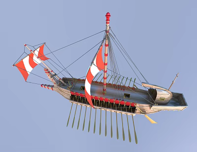 Vintage Sailing Ship With Red And White Sails Striped Masts And Wooden Paddles 3d model