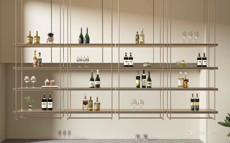 Modern Wine Cabinet With Metal Shelves And Organized Bottle Glass Storage 3d model 