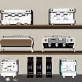 Various Coffee Machines Displayed On Wooden Shelves With Different Colors And Designs