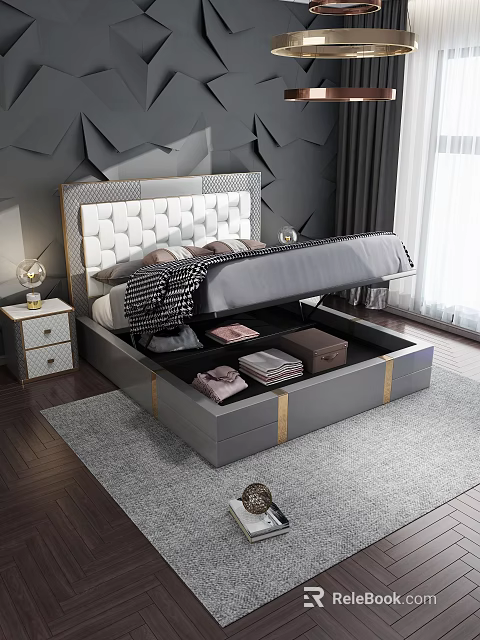 Modern Double Bed With Diamond Tufted Upholstered Headboard Gray Frame And Storage Drawers 3d model 