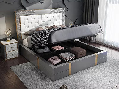 Modern Double Bed With Diamond Tufted Upholstered Headboard Gray Frame And Storage Drawers 3d model