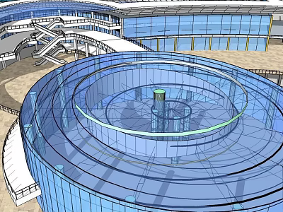 Modern Commercial Street With Circular Glass Architecture And Multi level Pedestrian Area 3d model