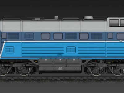Blue and White Train Locomotive With Side Windows And Wheels On Tracks 3d model