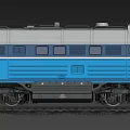 Blue and White Train Locomotive With Side Windows And Wheels On Tracks