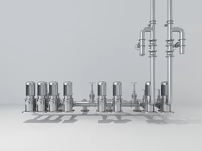 Industrial Silver Pipe System With Multiple Pumps And Mechanical Components Setup 3d model