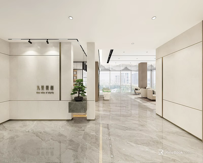 Spacious Modern Sales Office With Marble Floor Green Plants Sofas And Large Windows 3d model 