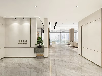 Spacious Modern Sales Office With Marble Floor Green Plants Sofas And Large Windows 3d model