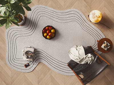 Stylish Shaped Rug with Curved Lines in Modern Living Room with Chair Fruit Bowl and Plant 3d model