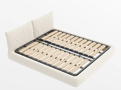 Modern Double Bed Frame With Beige Upholstered Headboard And Wooden Slats 3d model