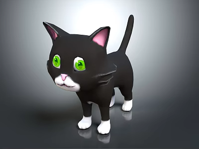 Cute 3D Black Cat Character With Green Eyes Pink Ears And White Paws 3d model